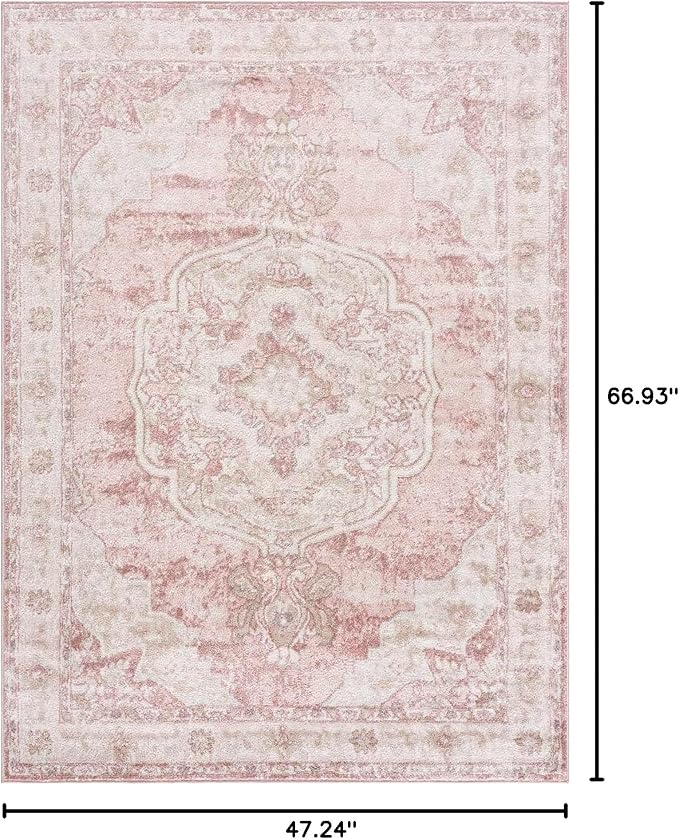 Blush & Light Pink Collection Kandos Bohemian Oriental Medallion Area Rug - Traditional Floral Carpet for Living Room, Bedroom - Blush, Dusty Pink, Cream - 3'11" x 5'7"