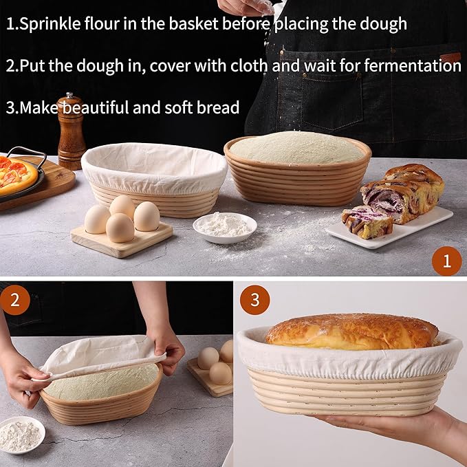 9.8 Inch Banneton Bread Proofing Basket Oval Sourdough Bread Basket Handmade Natural Brown Rattan Baking Bowls with Liner for Professional & Home Bread Baking Supplies