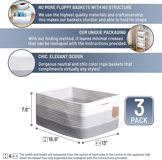 NaturalCozy Storage Baskets 16.8”x13”x7.6” Cotton Rope Woven Baskets for Organizing 3-Pack | Toy Storage Bins | Basket for Shelves, Laundry, Blanket, Clothes, Closet, Kitchen, Bathroom, Gifts