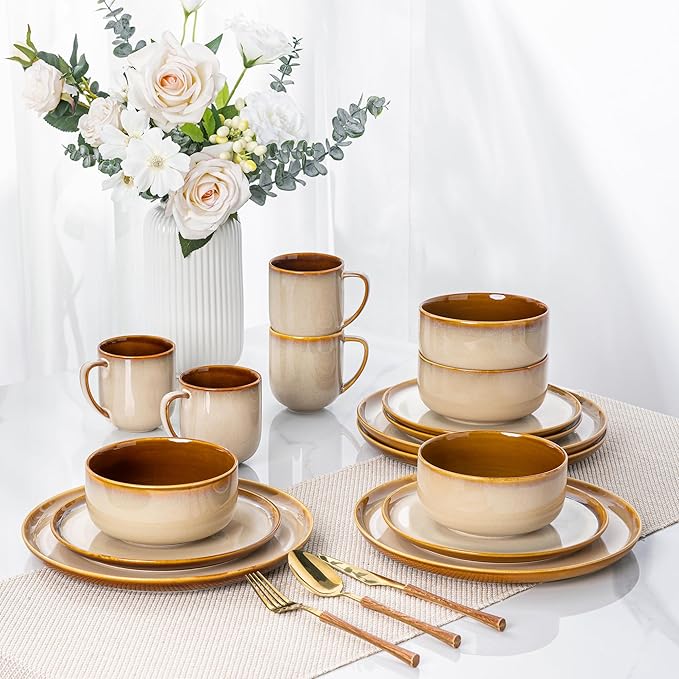 LeRatio Ceramic Dinnerware Sets for 6,Poreclain Plates and Bowls Sets,Handmade Reactive Glaze Dishes Set,Chip Resistant and Scratch Resistant | Oven&Dishwasher & Microwave Safe)-Kahki(18PCS)