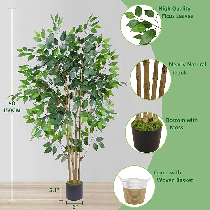 Artificial Ficus Tree, 5ft Tall Silk Fake Ficus Leaves Plant with Basket, Indoor Outdoor Faux Greenery Tree for Home Garden Office House Livingroom Décor