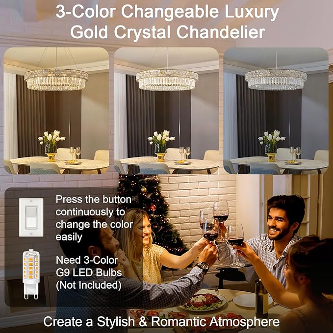 Crystal Chandelier, 31" 12-Light Large Chandelier for Living Room, Round Gold Chandeliers for Bedroom, High Ceiling Chandeliers, Foyer Lighting Fixtures Hanging Lights Dimmable