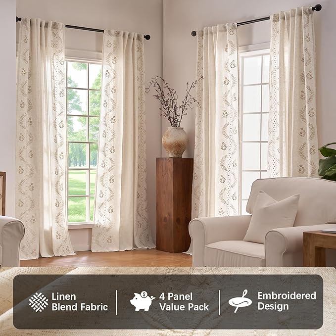 jinchan Belrose 4 Panel Curtains Set 84 Inch Length Floral Curtains Ivory Embroidered Drapes Farmhouse Flower Patterned Drapes for Living Room Bedroom Window Treatments