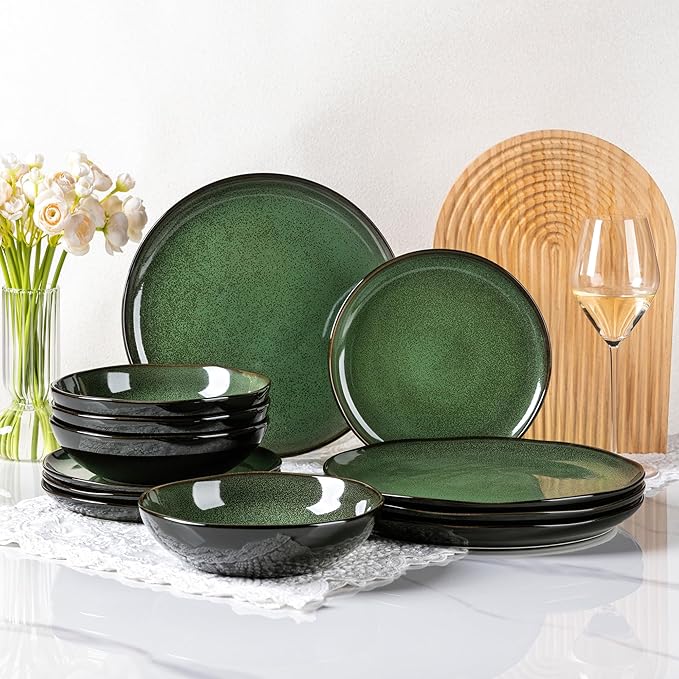 LeRatio Ceramic Dinnerware Sets for 4,Wavy Reactive Glaze Stoneware Plates and Bowls Sets,Highly Scratch Resistant | Dishwasher & Microwave,Oven Safe Dishes Set(12PCS)