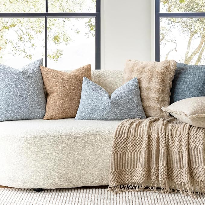 Foindtower Pack of 2 Textured Boucle Throw Pillow Covers Accent Solid Lumbar Pillow Cases Cozy Soft Decorative Couch Cushion Case for Chair Sofa Bedroom Living Room Home Decor, 12 x 20 Inch,Camel