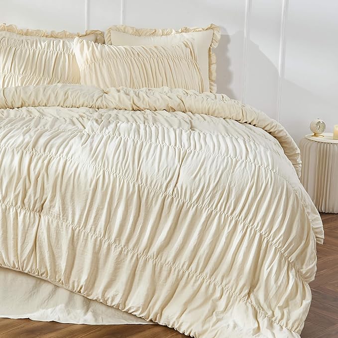King Size Comforter Set Bedding - Ruched Wheat Comforter King Bed Set Boho Shabby Chic Bedding for Bedroom Comforter Fluffy 3 Piece Ruffle Comforter Set with Pillow White Soft and Luxury