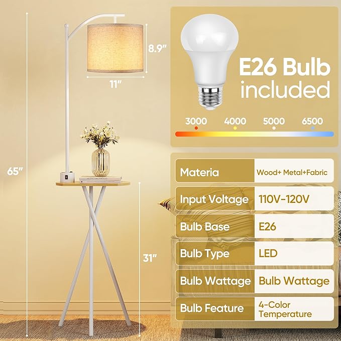 ROTTOGOON Floor Lamp with Table, End Table Lamp with Remote Control and Charging Station(USB & Type-C & AC Port), 4 Color Temperatures, Floor Lamps for Living Room, Bedroom and Home Office,White