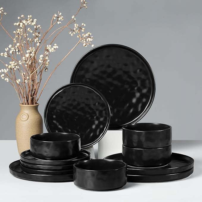 HaWare Dinnerware Sets, 12-Piece Plates and Bowls Set, Stoneware Dish Set for 4, Ceramic Dinnerware for Home Restaurant, Chip and Scratch Resistant, Microwave and Dishwasher Safe, Matte Black
