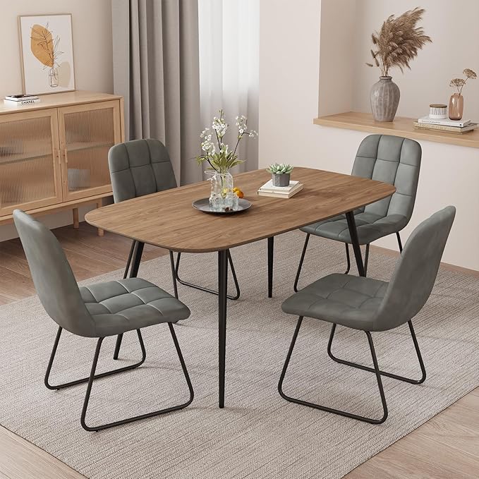 47.2'' Dining Table Set for 4,Modern Wood Dining Table,Leather Dining Chairs 4,Table and Chairs Set of 4,Ideal for Kitchen Dining Room (Walnut Color Table + 4 U-Shaped Gray Chairs, 47.2")