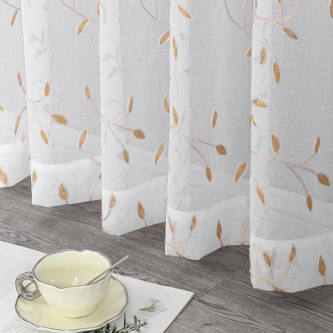VISIONTEX White Sheer Voile Curtains, Decorative Orange Leaves Embroidery Faux Linen Rod Pocket Window Drapes for Home Kitchen, Living Room and Bedroom 54 x 84 Inch, Set of 2 Curtain Panels