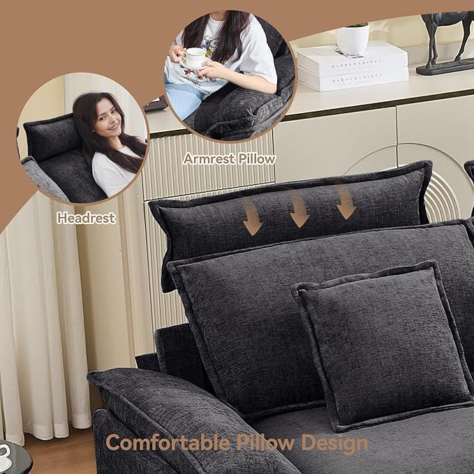 134'' Cloud Modern 4 Seater Couch with Detachable Headrest, Modular Sectional Sofa with 2 Ottoman, Oversized U Shape Chenille Comfy Sofa with Armrests for Living Room, Dark Grey