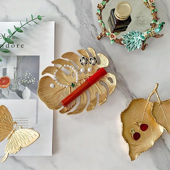 Metal Jewelry Dish, Leaf Shaped Ring Holder Jewelry Organizer, Trinket Dish Vanity Tray for Dresser Christmas Birthday Wedding Gifts Turtle Bay-Gold