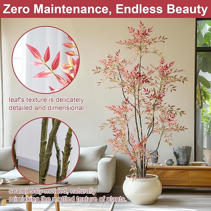 7.2ft Faux Bamboo Tree Artificial Nandina Tree Artificial Indoor Plants Realistic Fake Potted Tree with 800+ Leaves, Cement Planter - Home Office Decor Perfect for Housewarming Gift Non-Toxic