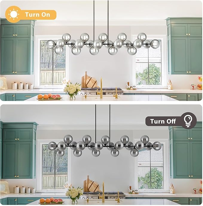 Linear Chandeliers for Dining Room, Glass Globe Sputnik Linear Chandelier Black with 22 Lights Smoky Gray Lampshade, Hanging Island Pendant Light for Kitchen, Oval Table, Farmhouse, Dia 70 Inch