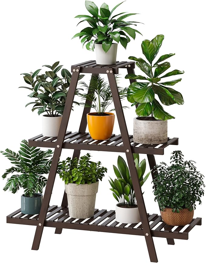 Plant Stand Indoor, Outdoor bamboo Plant Rack for Multiple Plants, 3 Tier 8 Potted Flower Holder Ladder,Plant Shelf Ladder Table Plant Pot Stand for Living Room, Patio, Balcony (Brown)