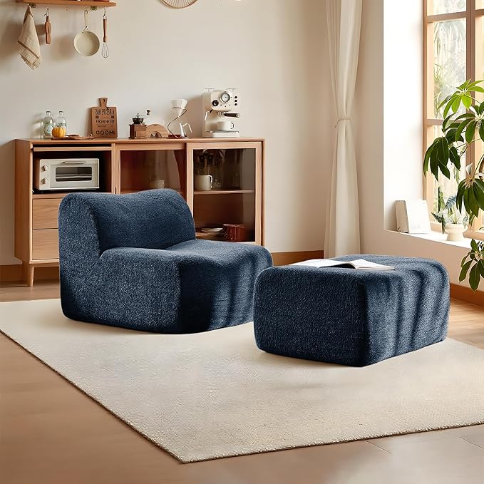 Lazy Sofa Chair, Modern Comfy Raindrop Velvet Fabric Deep Seat Armless Lounge Chair Movable Ottoman Set, 1-Seater Modular Sectional Sleeper Couch for Living Room, Bedroom, Office, Salon, Blue