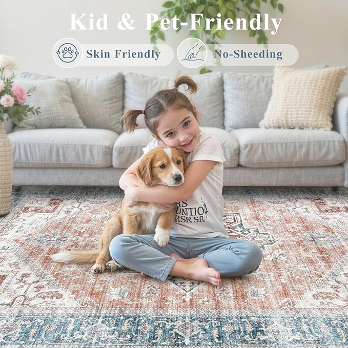 LIVEBOX 8x10 Washable Area Rug - Large Vintage Tribal Living Room Rug Oriental for Bedroom, Non-Slip Retro Medallion Carpet Print Distressed for Dining Room Guest Office