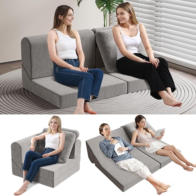 COMAX Folding Sofa Bed, 8-in-1 Foldable Floor Couch Corduroy Convertible Futon Sofa, Fold Out Chair Bed Sleeper Mattress Comfy Portable Lounge Loveseat Guest for Living Room Bedroom, Light Grey