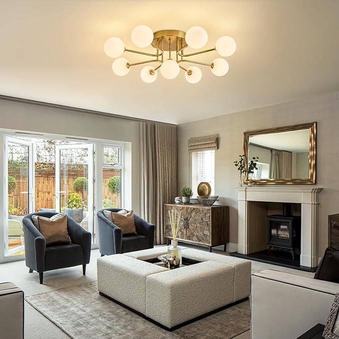 Semi Flush Mount Ceiling Light Fixture,Modern Gold Globe Sputnik Chandeliers 9-Light Mid Century Milk Glass Chandelier for Dining Room,Kitchen Island,Bedroom,Living Room,Entryway,Foyer,33 Inch