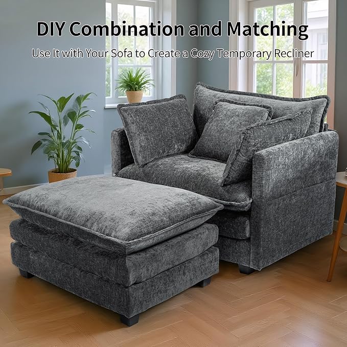SweetGO corporation 40" Chenille Lounge Chair for Reading, Modern Couch Cozy Sofa Bed, Upholstered Living Room Single Sofa Accent Chair with Ottoman, Grey