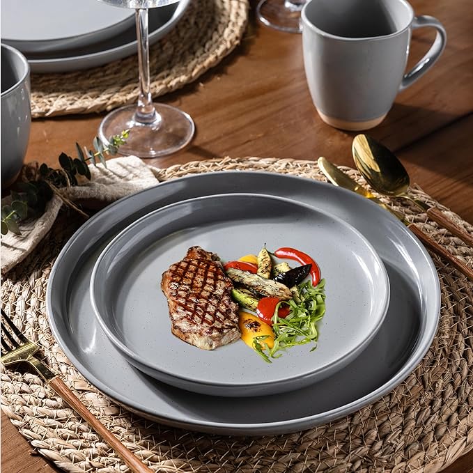 AmorArc Ceramic Dinnerware Sets for 4, 12 Pieces Handpainted Plates and Bowls Set with Rustic Terracotta Underside, Scratch Resistant Stoneware Dishes Set, Dishwasher & Microwave Safe, Gray