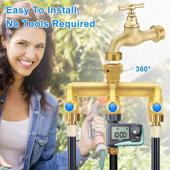 Garden Hose Splitter Full Flow, 3 Way Heavy Duty Outdoor Brass Hose Splitter with Metal Shutoff Valve and Long Handle Outdoor Faucet Diverter, 3/4" GHT Threads，Water Flow Increase