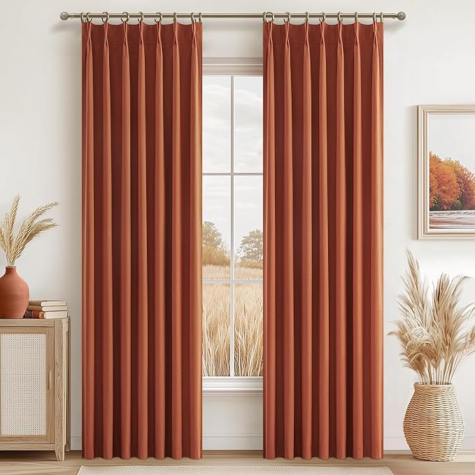 Fall Burnt Orange Curtains Pinch Pleated Blackout 84 Inches Long 2 Panels Set,Terracotta Autumn Color Decor Retro for Living Room Antique Copper Rust Boho 70s Window Linen Drapes (W40 xL84)