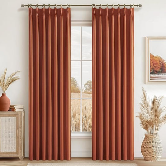 Fall Burnt Orange Curtains Pinch Pleated Blackout 90 Inches Long 2 Panels Set,Terracotta Autumn Color Decor Retro for Living Room/Bedroom Antique Copper Rust Boho 70s Window Drapes Thermal (W40"xL90")