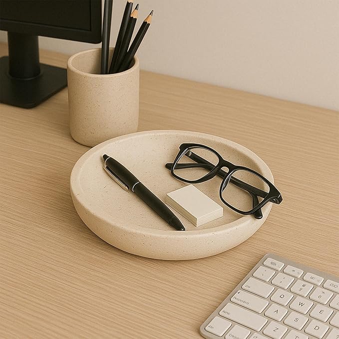 Natural Travertine Round Decorative Tray - 8-inch Beige Stone Vanity Bowl, Anti-Slip Organizer Plate for Bathroom, Kitchen, Home Décor, Candles, Jewelry Display, 3/4-inch Height