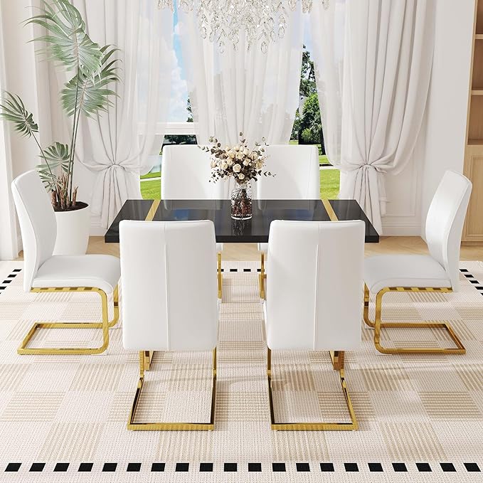 Black Dining Table Set for 6, 55" Dinner Table Set for 6, 1.5" Black Glossy Wood Tabletop with Gold Metal Legs, Modern Kitchen Table Set with 6 Bow-legged Faux Leather Chairs for Dining, Small Space