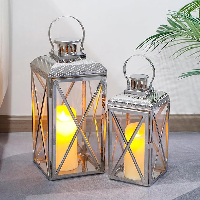 TRIROCKS Stainless Steel Lantern 18'' & 14" H Set of 2-Square Elegance Metal Candle Lanterns Candle Holder with Tempered Glass for Home Garden Indoor Outdoor Decor Celebratory