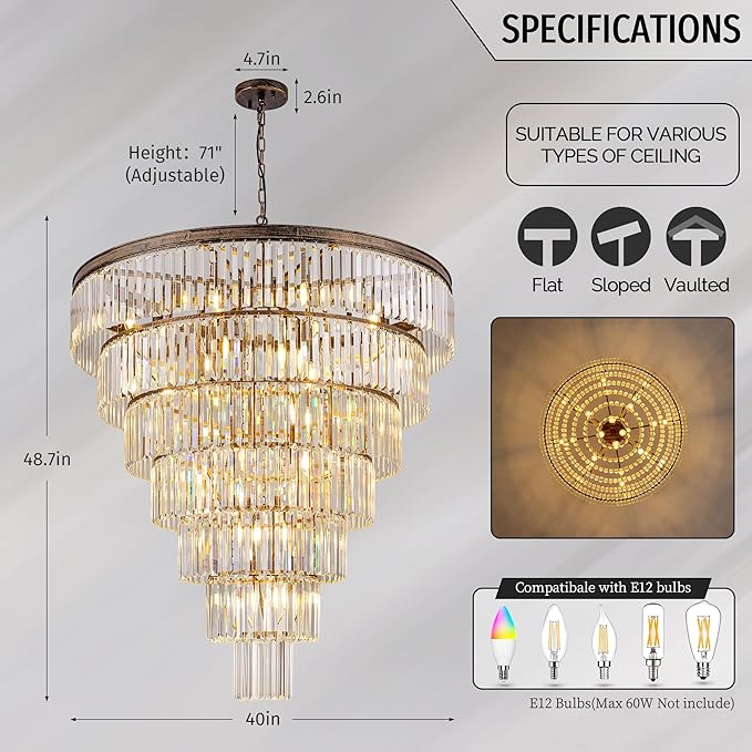 TOCHIC Large Crystal Chandelier for High Ceiling, 40 inch 7-Tier Modern Bronze Crystal Chandeliers Lighting Fixture, Round Light for Entryway Staircase Foyer Living Dining Room