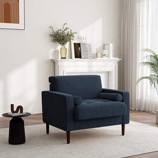 UIXE Accent Chair Corduroy Fabric Upholstered Armchair for Living Room, Mid-Century Modern Arm Chair Comfy Single Sofa Bedroom Side Reading Seat - Navy Blue
