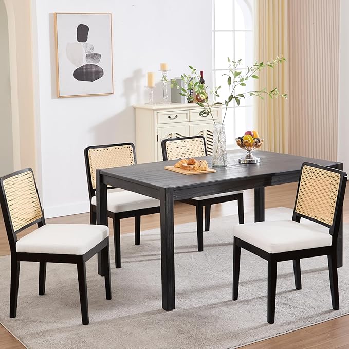 LukeAlon Farmhouse Rattan Dining Chairs Set of 6, Mid Century Modern Linen Kitchen & Dining Chairs with Solid Wood Legs, Woven Cane Upholstered Kitchen Chairs Side Chairs for Dining Room, Beige