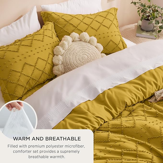 Bedsure King Comforter Set - Mustard Yellow Comforter, Boho Tufted Shabby Chic Bedding for Kids, 3 Pieces Vintage Farmhouse Bed Set for All Seasons, Fluffy Soft Bedding with 2 Pillow Shams