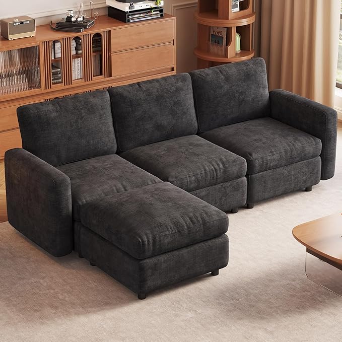 Exlarge Modular Sectional Sofa,111.5" U-Shaped Corduroy Comfy Sectional Couches for Living Room,Modern Deep Seat Sofa,3-Seater Cloud Couches with 1 Movable Ottomans,Flexible Combination (Grey)