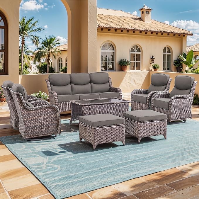 Luxury High Back Outdoor Furniture with 6-inch Extra Thick Cushions, Patio Furniture Set with Swivel Chairs, 8 PCS Wicker Conversation Set for Yard, Deck, Poolside, Brown/Grey