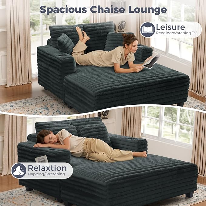 HUSFU 60'' Oversized Chaise Lounge Chair, Upholstered Sofa Bed, Sleeper Couch Reading Chairs with USB Port and Cup Holders,Comfy Cloud Sofas Couches for Living Room,Grey Blue