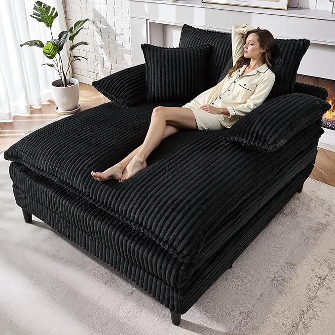 55" W Oversized Chaise Lounge Sofa Couch with 5-Position Adjustable Backrest, Corduroy Sleeper Chair Sofa Bed, Reading Chair ‌with Deep Seat, Cloud Couches for Living Room, Bedroom, Black