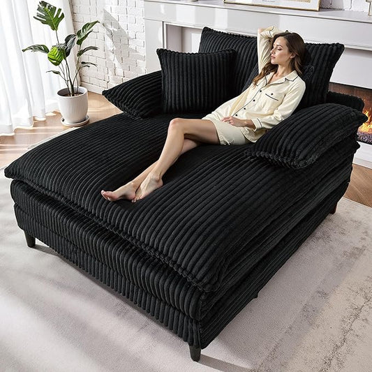 55" W Oversized Chaise Lounge Sofa Couch with 5-Position Adjustable Backrest, Corduroy Sleeper Chair Sofa Bed, Reading Chair ‌with Deep Seat, Cloud Couches for Living Room, Bedroom, Black