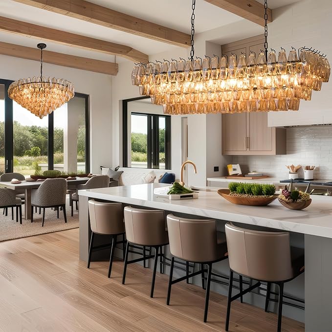 54" Black Rectangular Chandeliers for Dining Room, 12-Light 4 Tiered Large Smoke Glass Chandelier, Modern Kitchen Island Farmhouse Hanging Light Fixture for Living Room Foyer