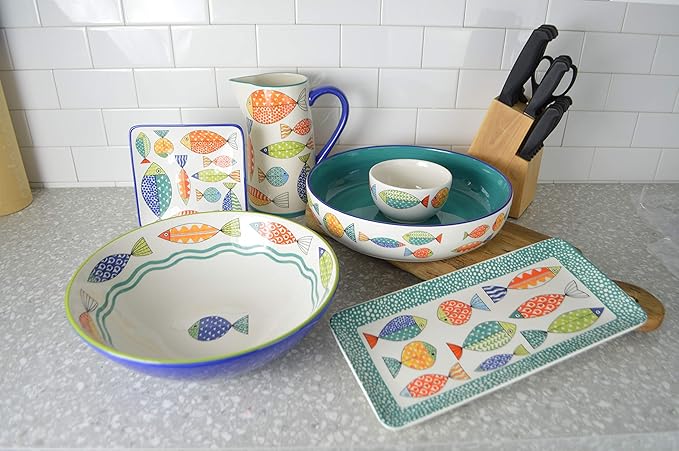 Euro Ceramica FreshCatch Collection Chip and Dip Serving Set (2 Bowls) - Indoor/Outdoor Use - Colorful Cute Fish Pattern on White (FRC-86-3918)