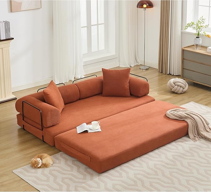 Convertible Sleeper Sofa Bed with Cylindrical Pillow, Corduroy Folding Mattress Couch with Fixed-Shape Frame, Floor Sofa Lounge Couch for Living Room Bedroom Lounge Studio, Orange