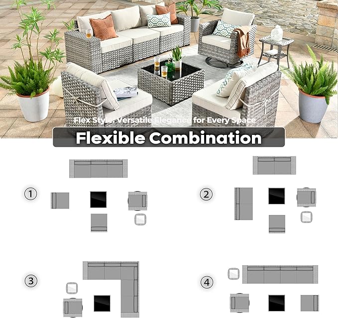 ovios 8 Pieces Patio Furniture Set, Outdoor Wicker Sectional Sofa with Swivel Chair Coffee Table, Modern Modular Deep Seat Rattan Couch Conversation Sets, Beige