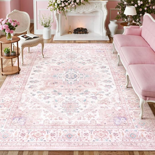 LIVEBOX Pink Washable Area Rug 8x10 - Large Vintage Tribal Living Room Rug Oriental for Bedroom, Non-Slip Retro Medallion Carpet Print Distressed for Dining Room Nursery Dorm Home Decor