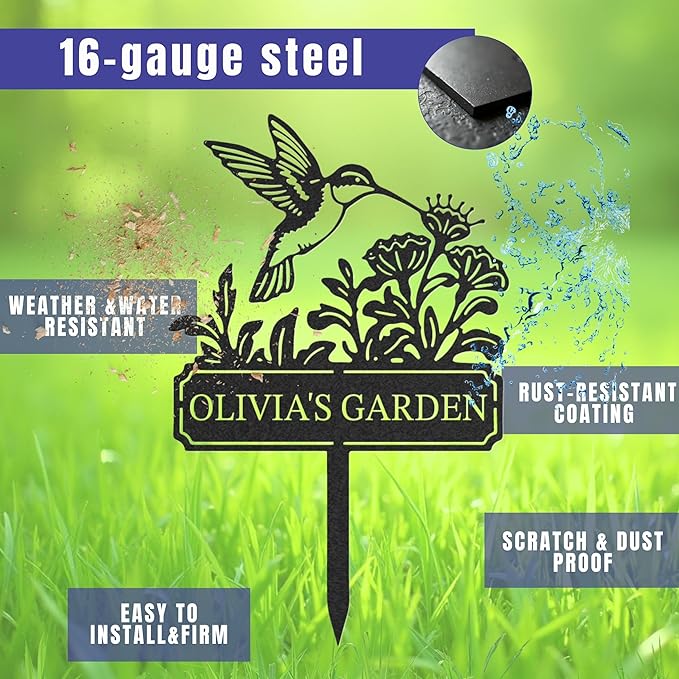 Personalized Garden Metal Sign, Custom Garden Stake, Hummingbird Yard Stake, Customized Name Sign for Outdoor, Outdoor Gardening Decor Gifts for Gardeners