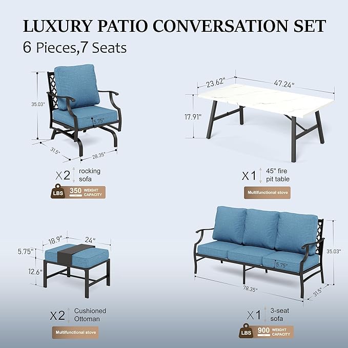 HERA'S HOUSE 6 Piece Patio Furniture Set, 2 x Rocking Cushioned Chair, 2 x Cushioned Ottoman, 1 x 3-Seat Sofa with Marbling Coffee Table, Outdoor Conversation Set for Lawn Garden Backyard, Navy Blue