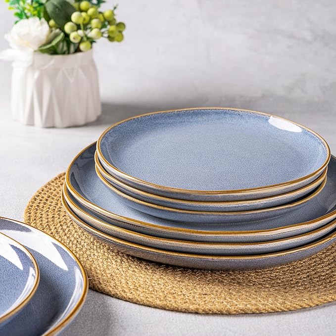 AmorArc Ceramic Dinnerware Sets,Handmade Reactive Glaze Stoneware Plates and Bowls Set,Highly Chip and Crack Resistant | Dishwasher & Microwave Safe Dishes Set,Service for 8 (24pc)-Reactive Blue