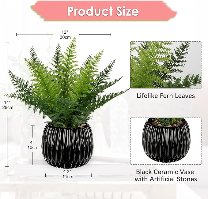 DILATATA Faux Plant Indoor in Ceramic Pot 13" Artificial Potted Fern Fake House Plants for Desk Office Bathroom Garden Decoration