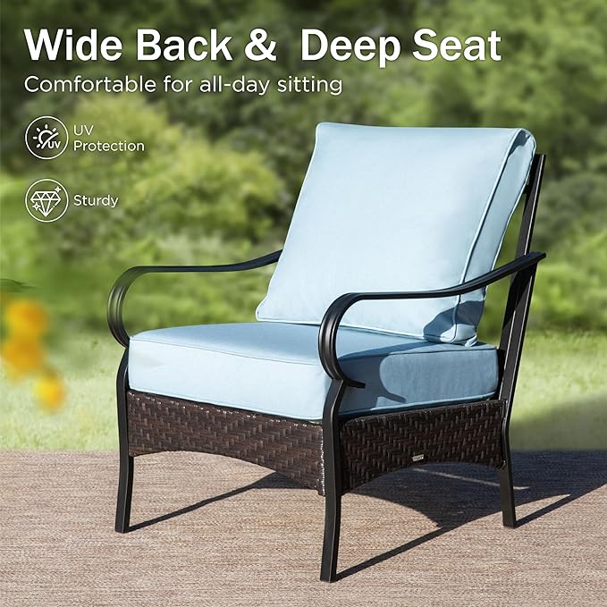 PHI VILLA Outdoor Wicker Chairs Sofa of 2, All Weather High Back Rattan Chairs 2 Seats with Comfy Cushions for Porch Deck